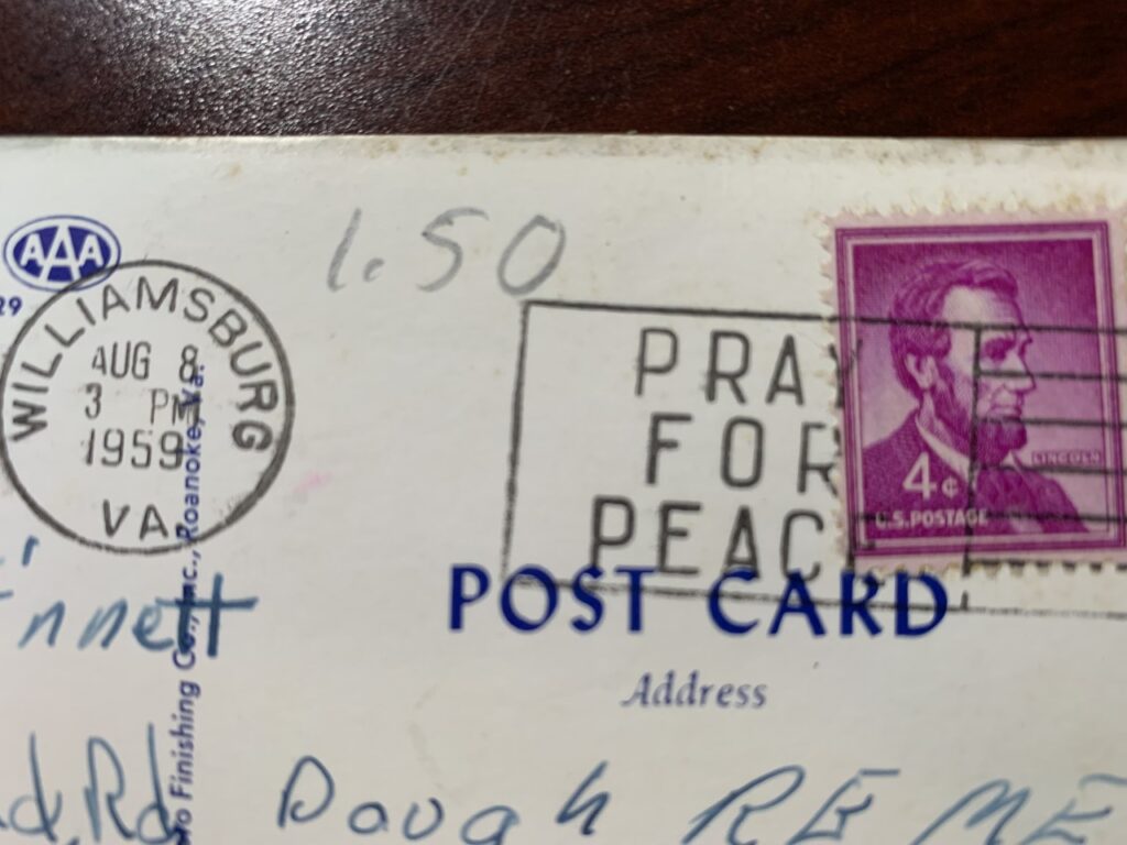 Cancellation Stamp from 1959: PRAY FOR PEACE.